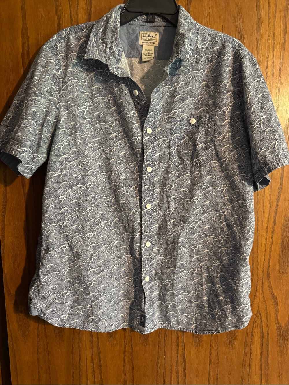 L.L. Bean Blue Short-Sleeve Button-Down with White Wave Print